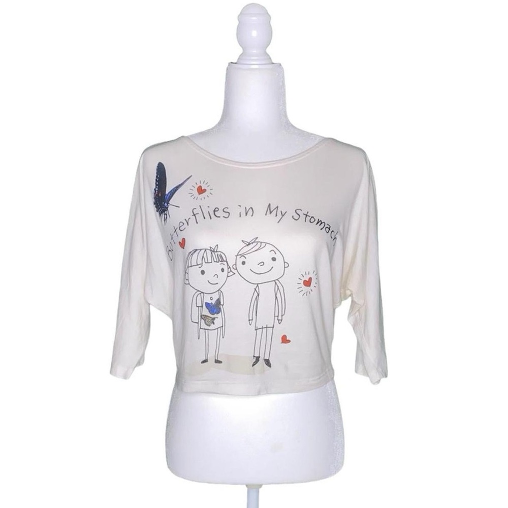 CREAM MID-CROPPED SHIRT W/ CUTE DESIGN & SLOGAN ON FRONT · SIZE S · I <3 H81